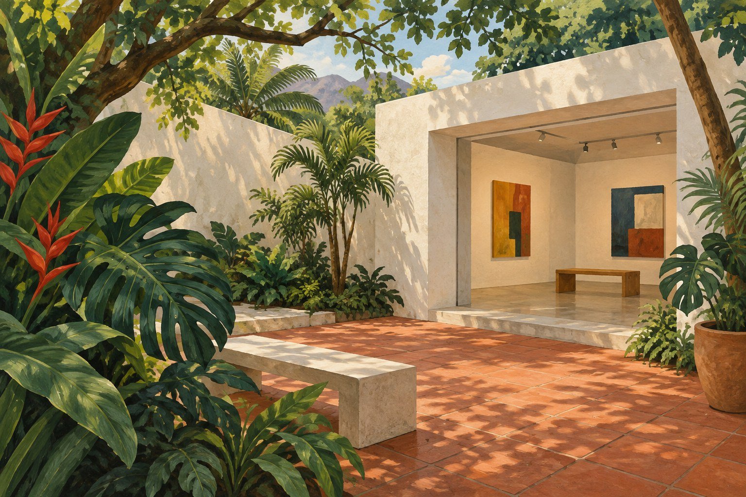 AI-generated illustration of an imaginary tropical gallery courtyard, not the actual ABRA or Los Galpones premises.