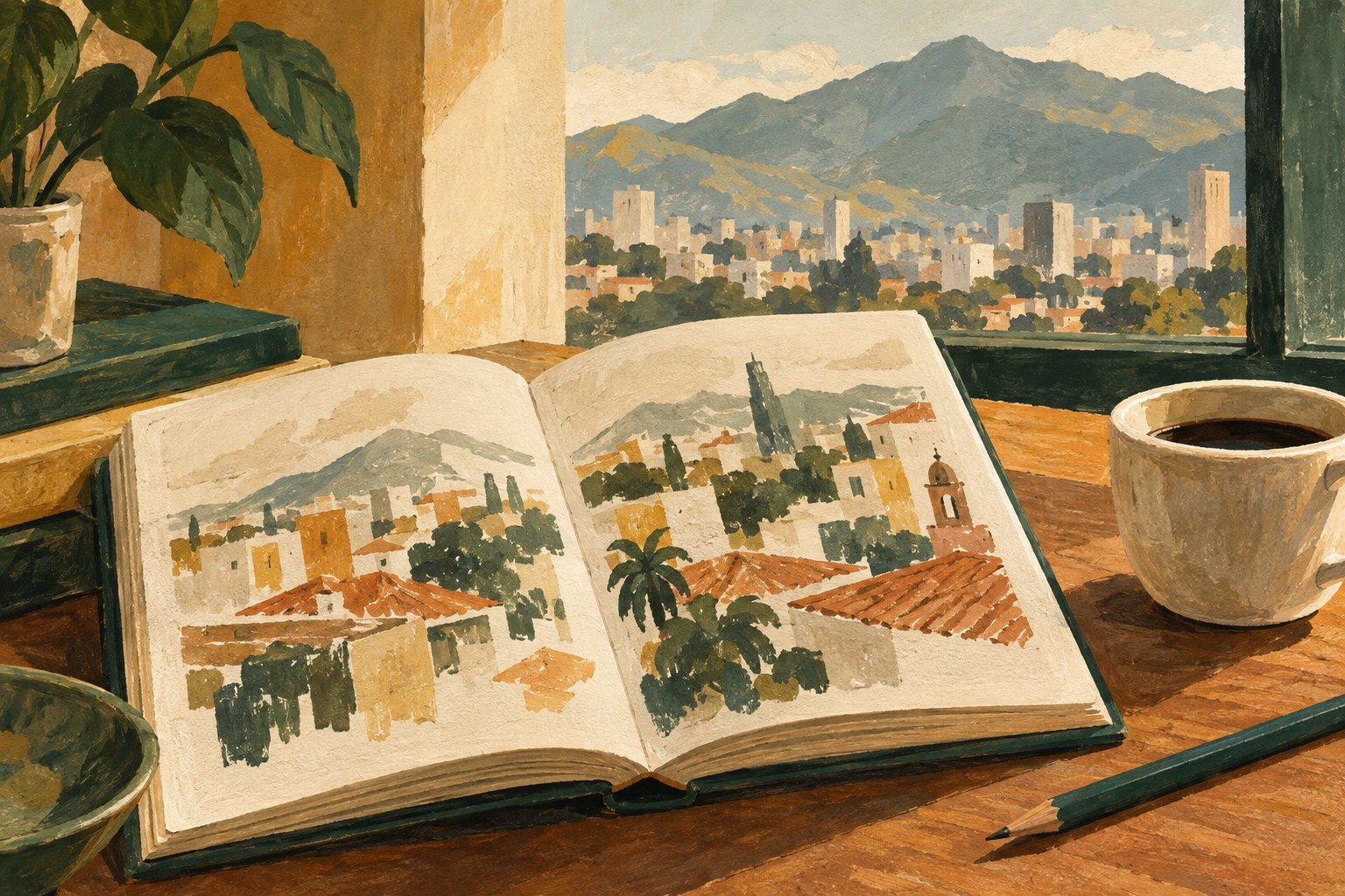 AI illustration of an imaginary book and urban sketches; not the actual Caracas en 450 book.