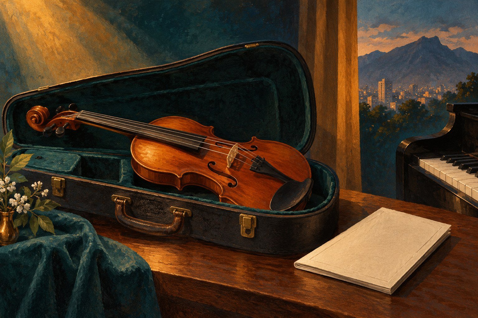 AI illustration of a violin, blank programme and piano keys; not a photograph of the orchestra or concert venue.