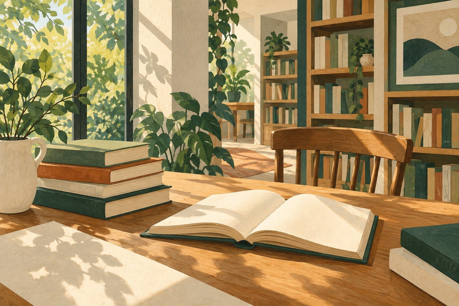 AI illustration of an imaginary reading room, not a photograph of Biblioteca Los Palos Grandes.