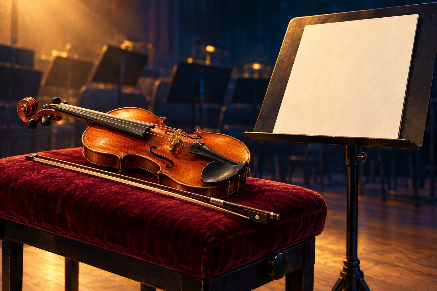AI-generated illustration of a violin, bow and music stand; not a photograph of the concert or venue