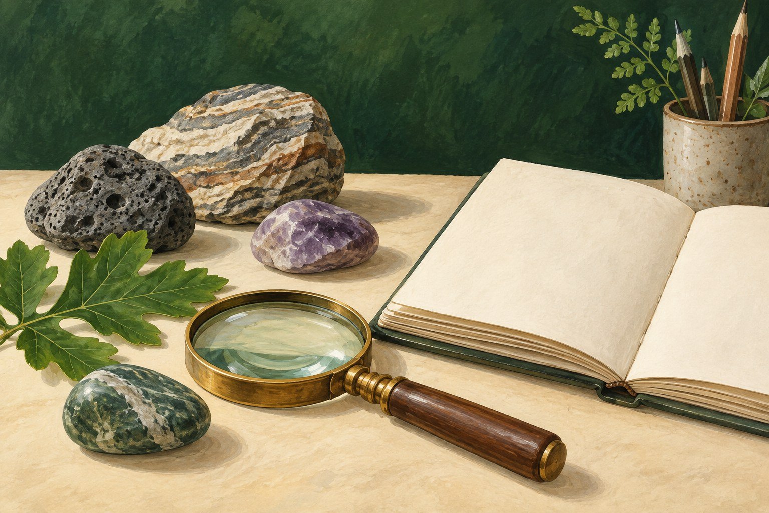 AI illustration of stones, leaves, a magnifying glass and a notebook, not the museum's actual collection.