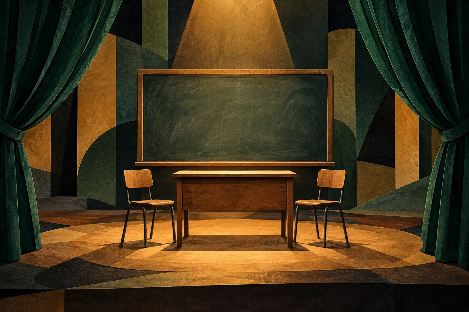 AI-generated illustration of an empty classroom on an abstract stage; not a photograph of the production or venue