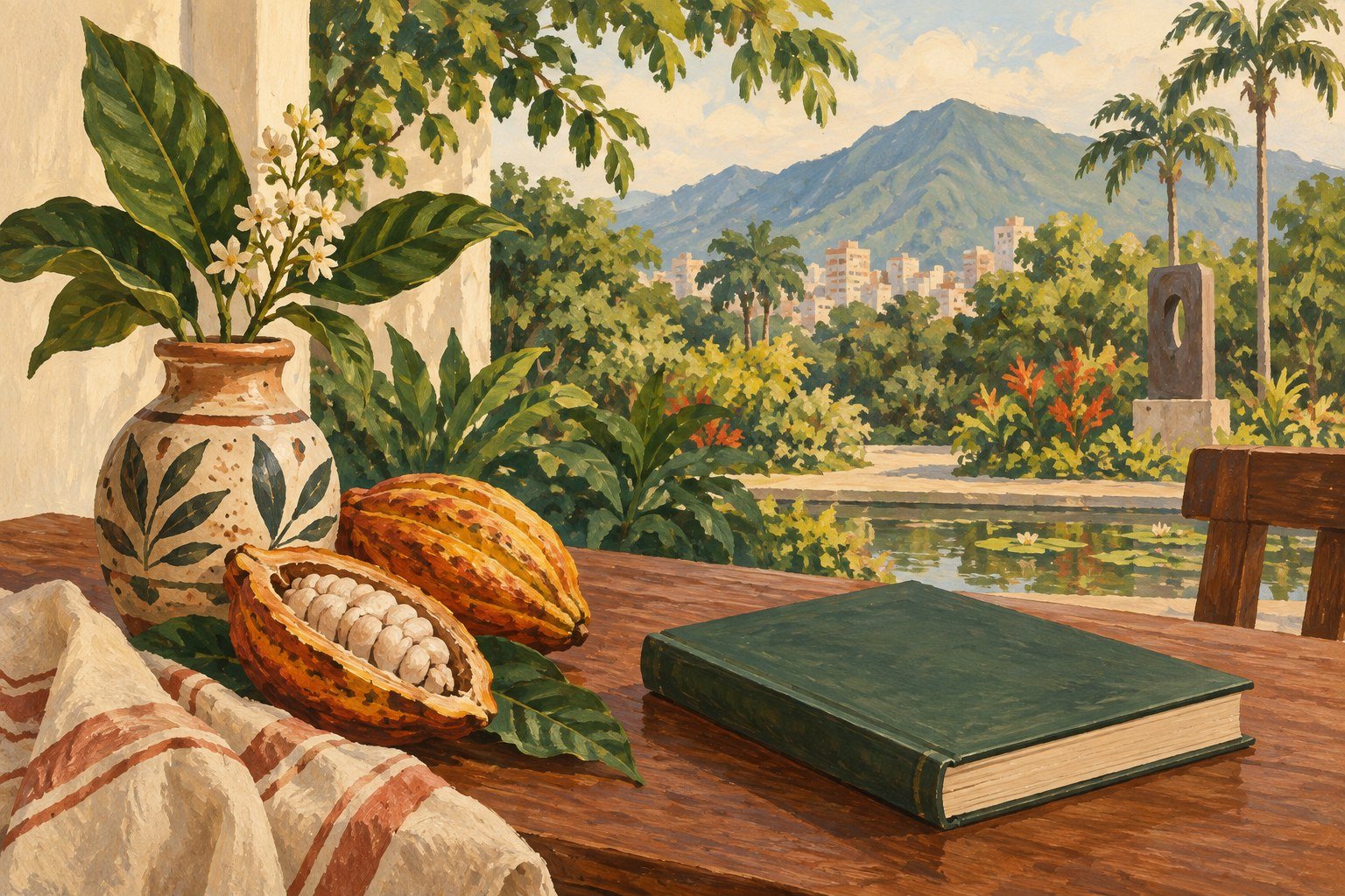 AI illustration of a book, ceramic vase and cacao near an imaginary garden; not a venue photograph