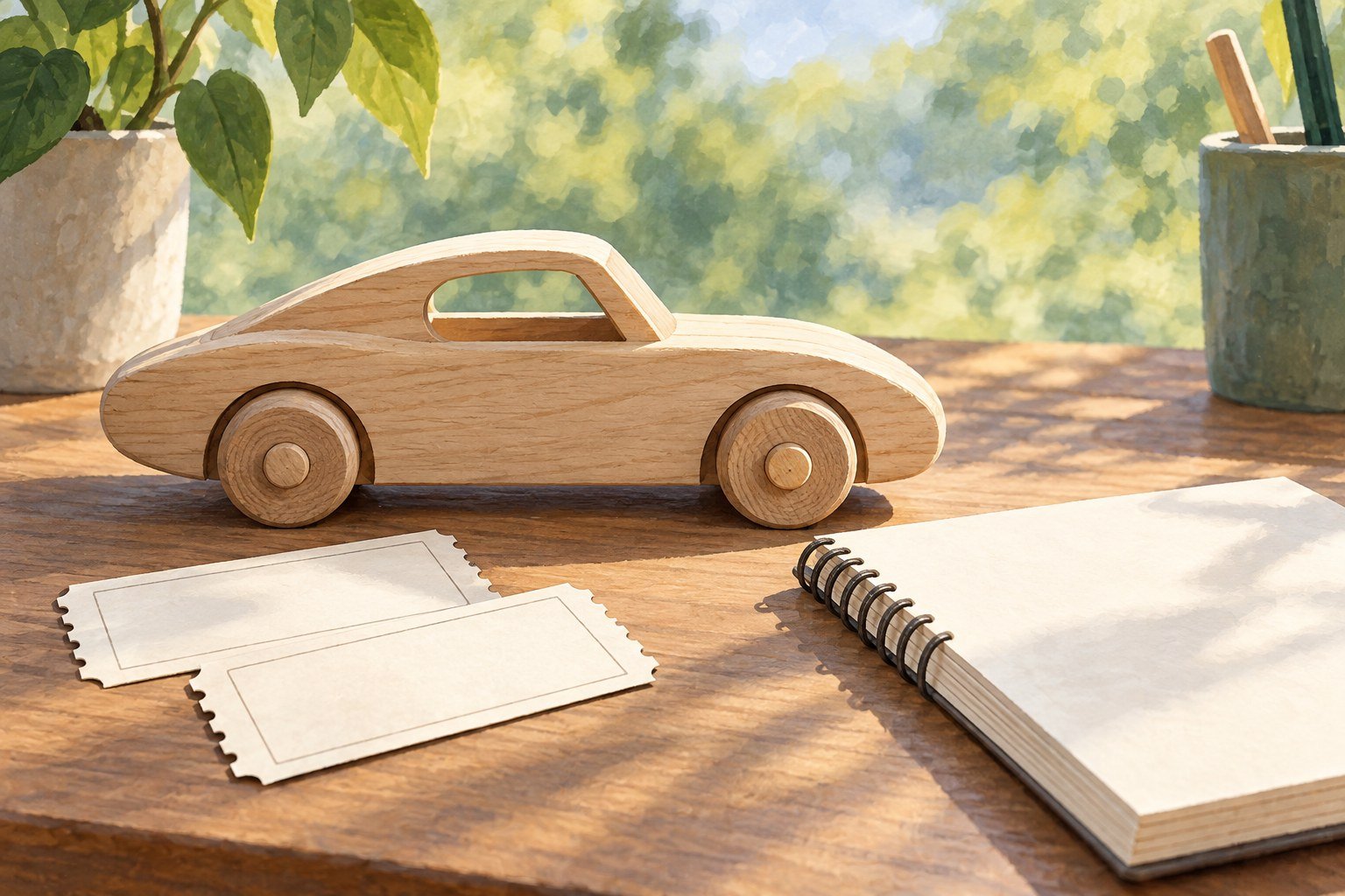 AI-generated conceptual illustration of a wooden toy car and blank tickets, not a photograph of AutoFest