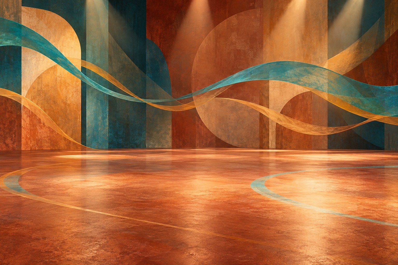 AI-generated illustration of flowing ribbons on an empty rehearsal floor; not a photograph of the event