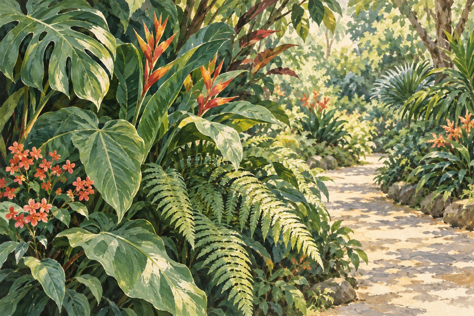 AI illustration of tropical foliage beside an imaginary garden path; not a photograph or species guide for Caracas Botanical Garden.