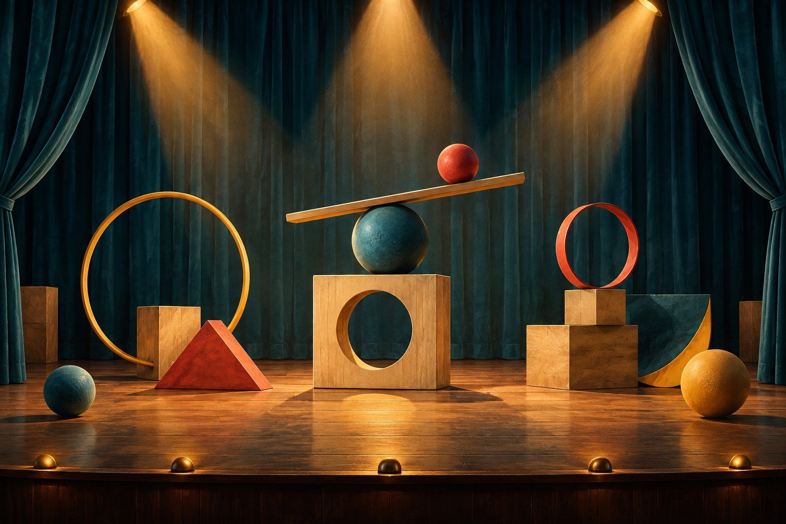 AI-generated illustration of colorful objects on an empty theatrical stage, not a photograph of Bakeke or Centro Cultural Chacao