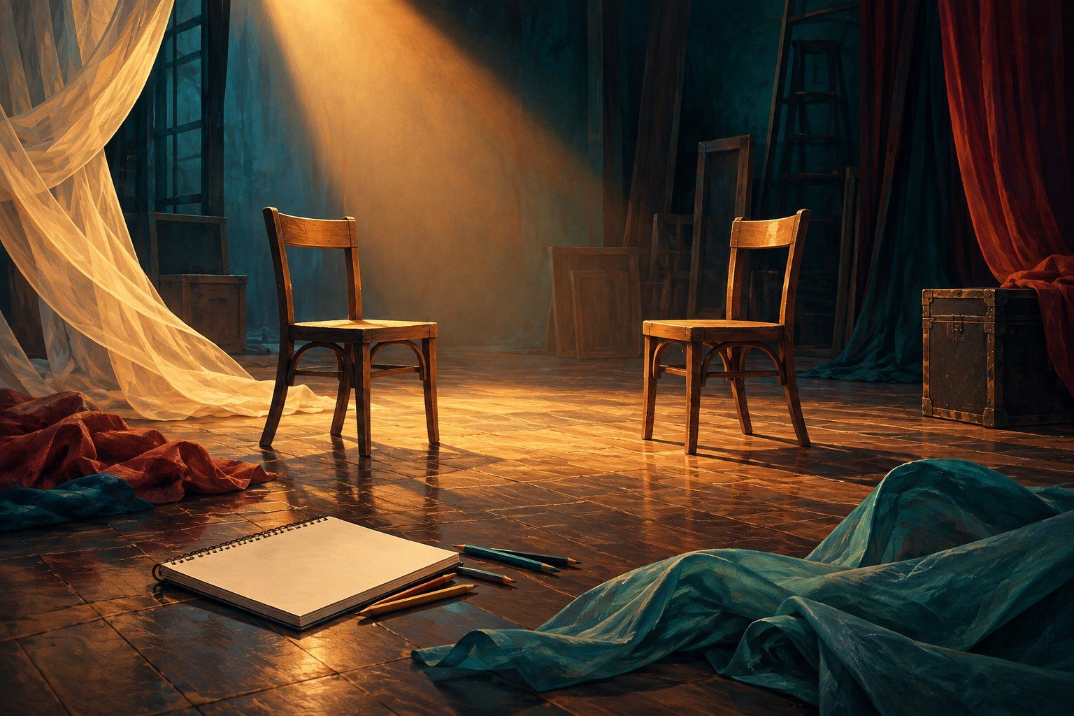 AI-generated illustration of an empty rehearsal space with chairs and art materials, not a photograph of Centro TET