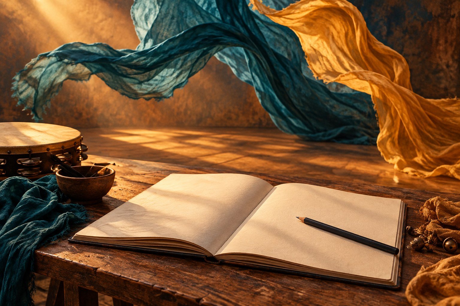 AI-generated illustration of a blank sketchbook and flowing fabric, not a photograph of Sotavento or CCAM