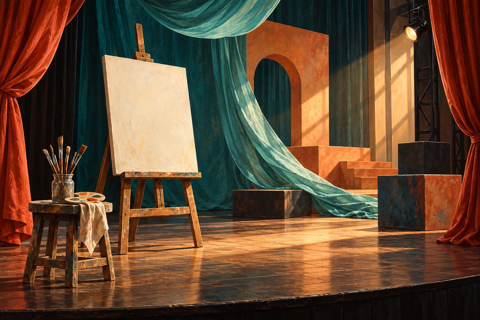 AI-generated illustration of an easel and painting materials on an empty stage; not a photograph of Teatro Alameda