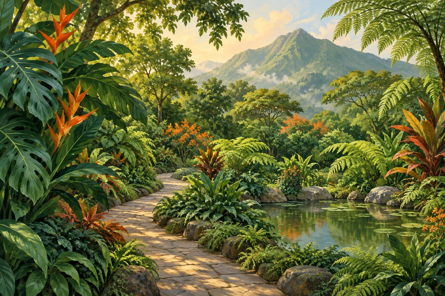 AI illustration of a tropical garden and misty mountain, not a photograph of Topotepuy
