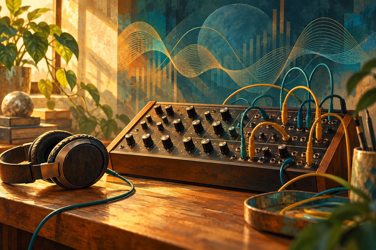 AI-generated illustration of a synthesizer and headphones; not a photograph of the event or venue