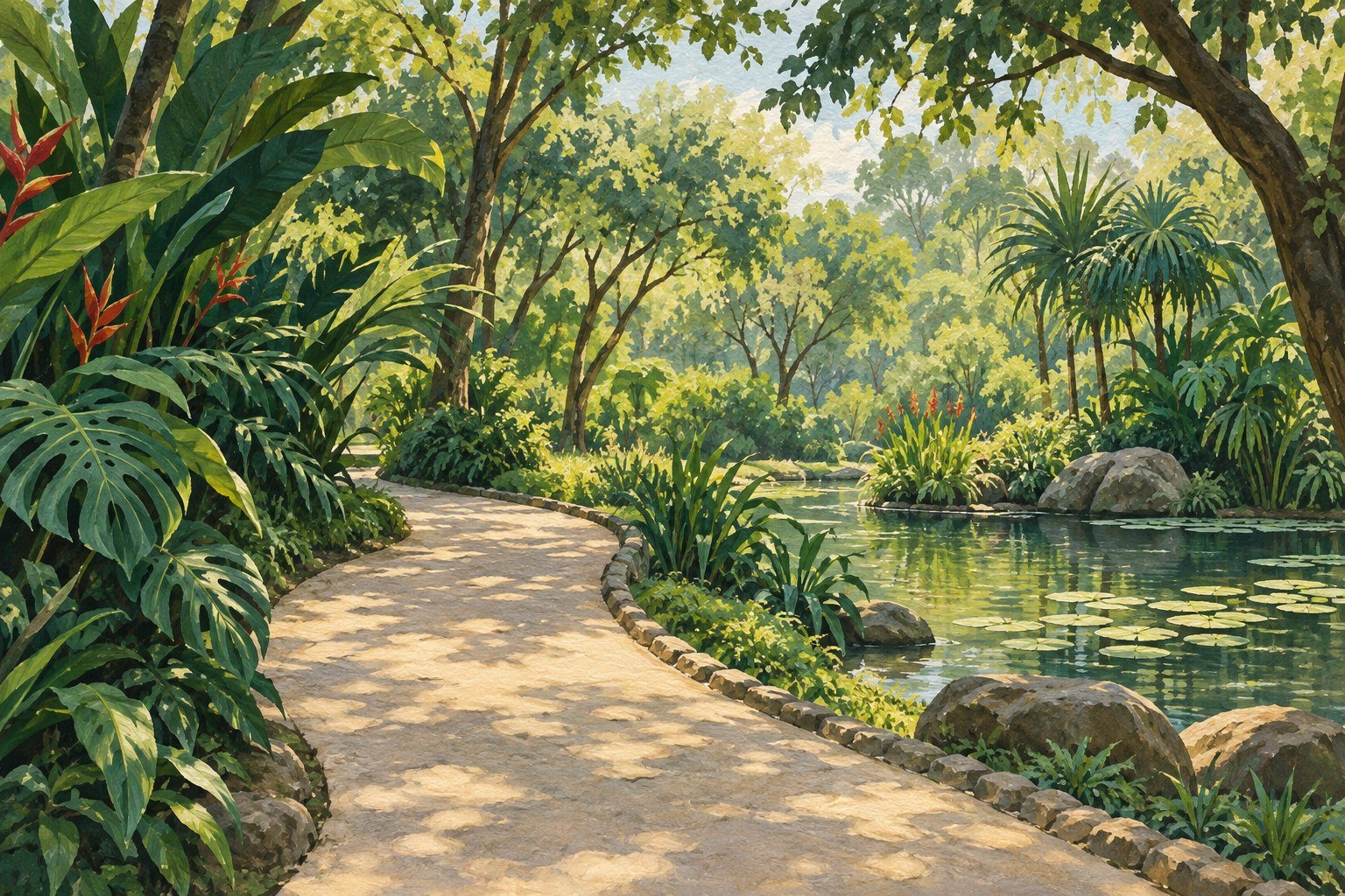 AI illustration of an imaginary tropical park path and pond; not a photograph or map of Parque del Este.