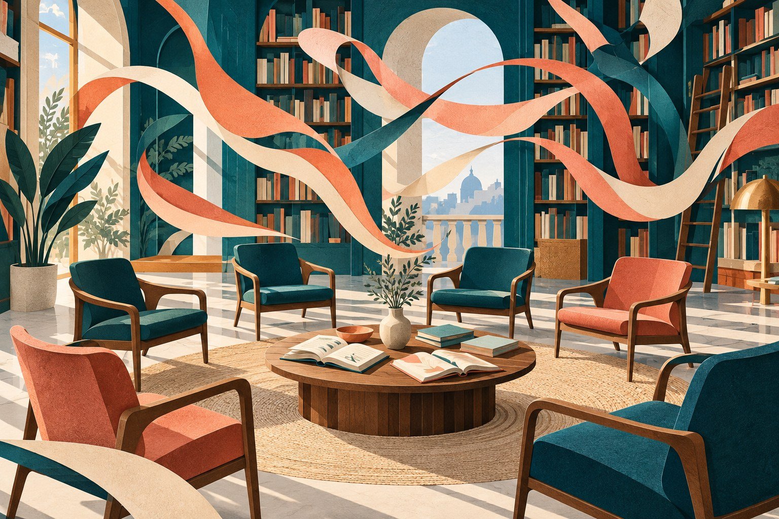 AI-generated illustration of empty chairs, books and abstract ribbons in a conceptual library; not a photograph of the venue