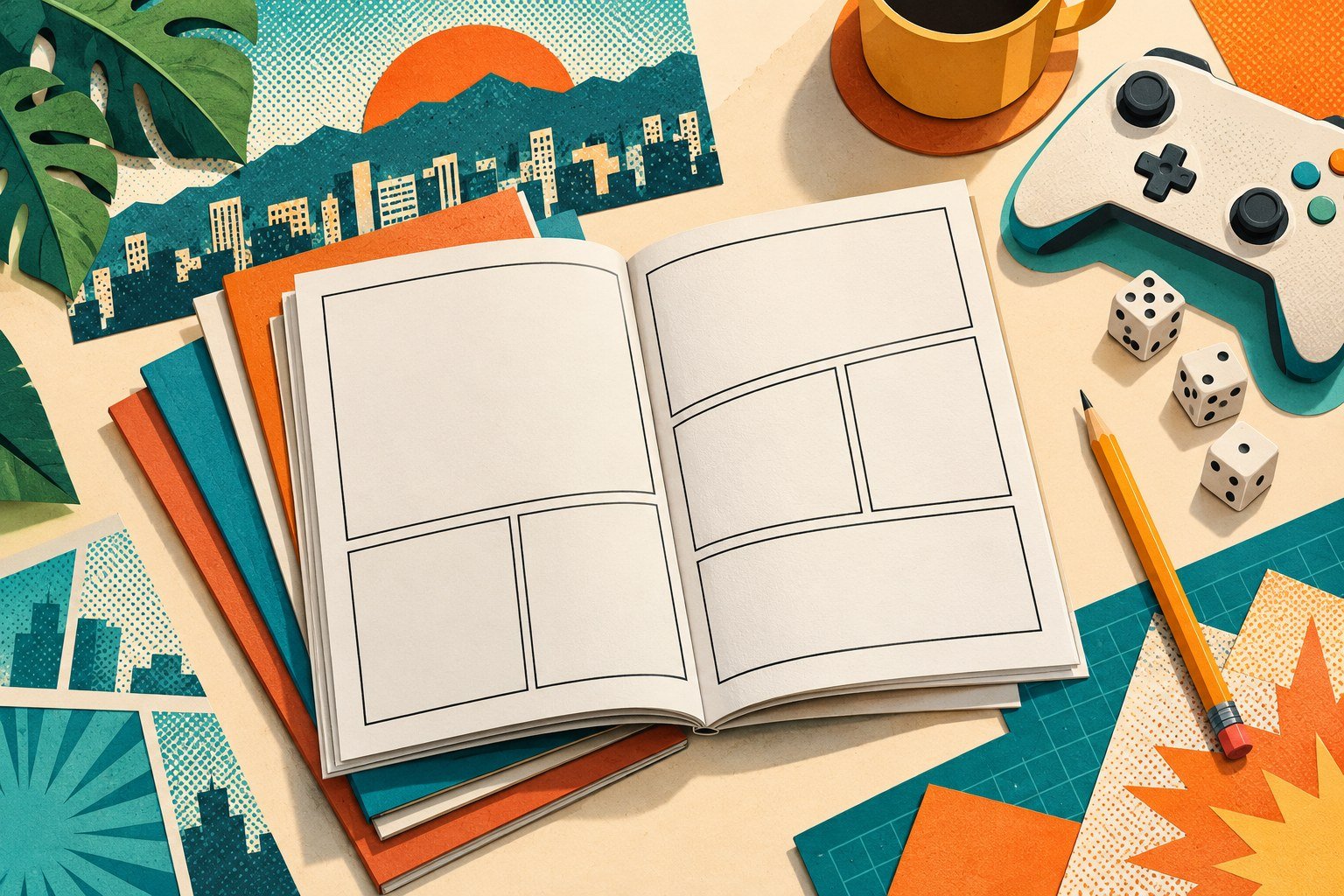 AI illustration of blank comic books, dice and an unbranded game controller; not the actual convention or merchandise.