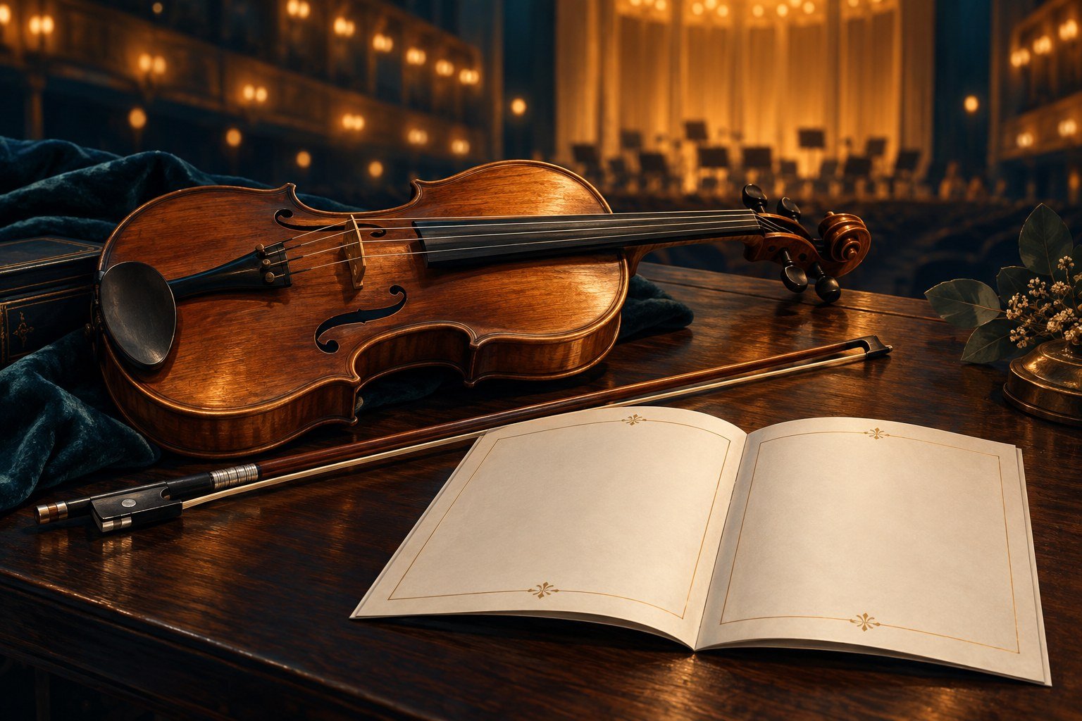 AI-generated illustration of a violin and blank concert programme, not a photograph of the orchestra or Teatro Nacional