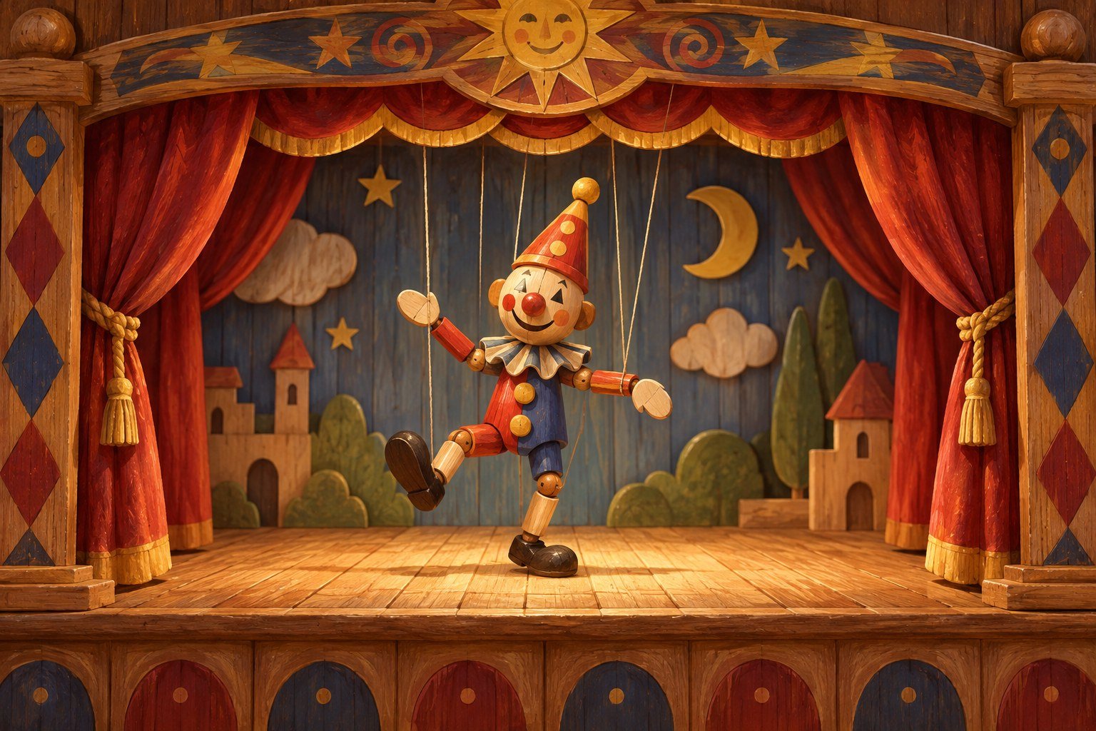 AI-generated illustration of a wooden clown marionette and miniature theatre, not a photograph of the production