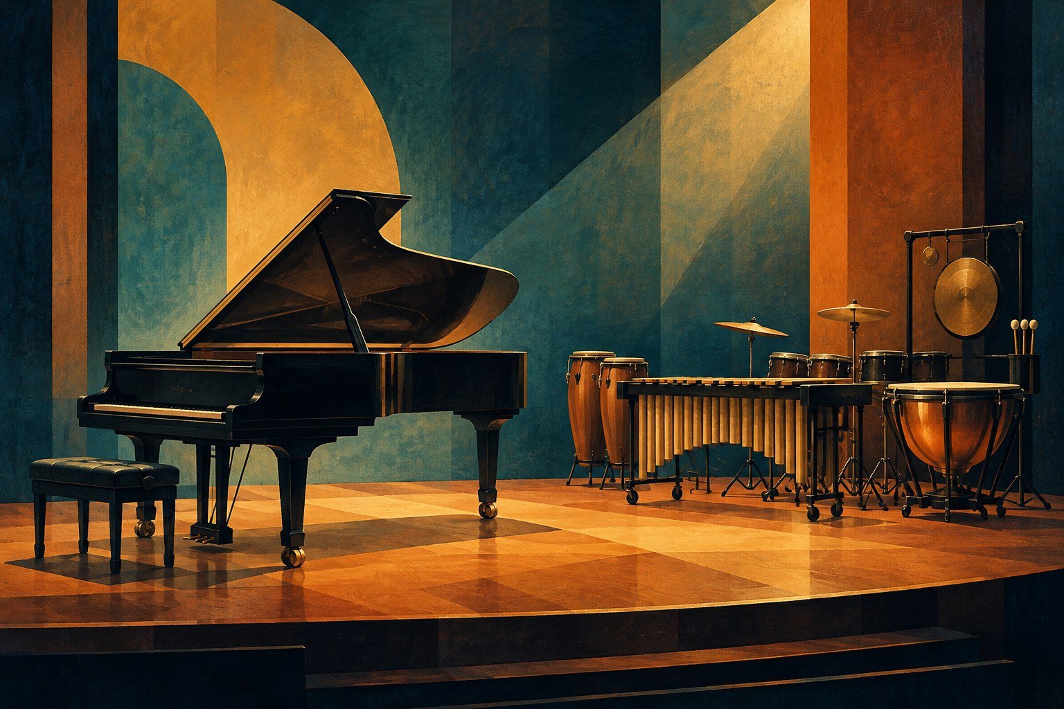 AI-generated illustration of a grand piano and percussion instruments on an imaginary empty stage; not a photograph of the venue